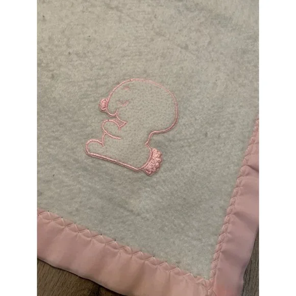 Vintage Baby Crib Blanket White Pink Satin Edge Bunny Embroidered Polyester USA